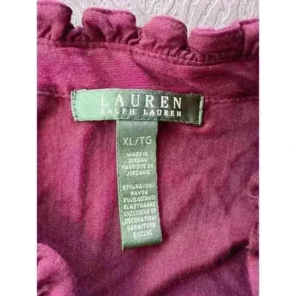 Lauren Ralph Lauren Blouse Womens XL Long Sleeve Beaded Ruffles Burgundy Stretch - Picture 7 of 8
